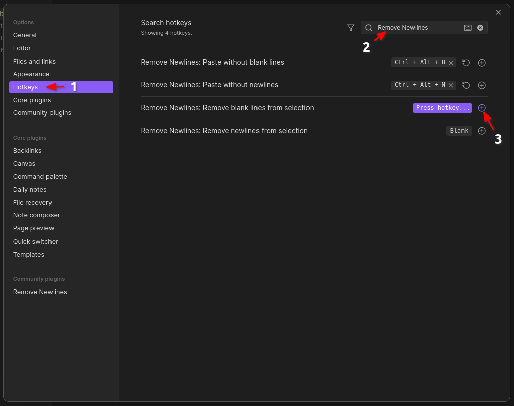 A screenshot of the hotkey menu in the Obsidian settings modal